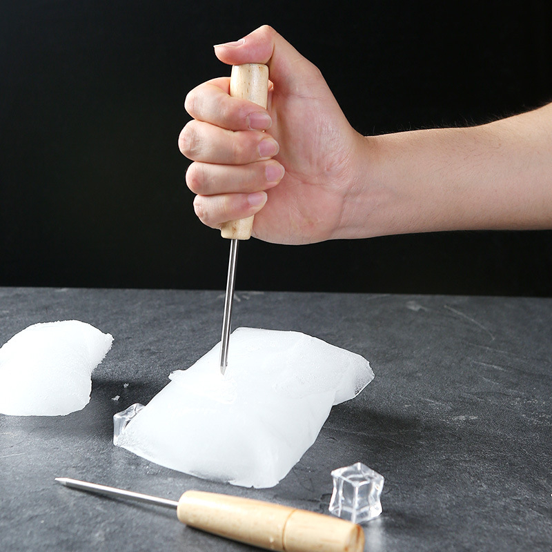 Jégkészítő eszköz rozsdamentes acél fejjel és tölgyfa nyéllel; bárjég-zúzó eszköz jég aprításához és a fagyasztó kiolvasztásához