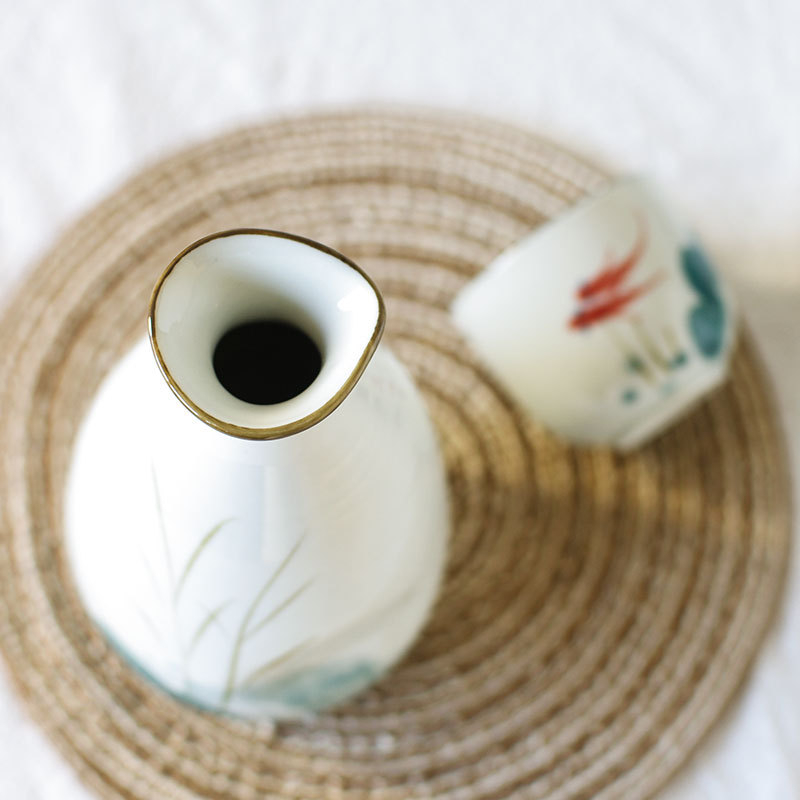 Nishida Muyu porcelanska saké posuda, japanskog stila — set s jednim lončićem i četiri čašice, keramika visoke temperature