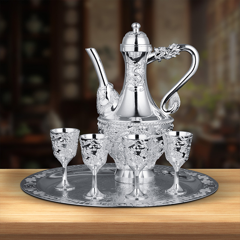 Srebrni set za vino sa motivom zmaja i feniksa, srebrni vrč i čaše, ručno izrađeni ukras s premazom srebra, čaša za bijelo vino, kućni dar za vjenčanje