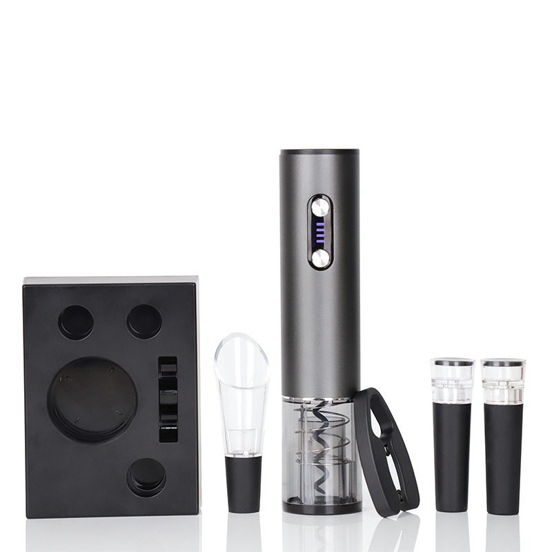 Електрически отварач за вино, напълно автоматичен, алуминиев корпус, PC/ABS части, въглеродна стомана със тефлоново покритие, 5-в-1 подаръчен комплект, печат на лого, възможност за персонализация