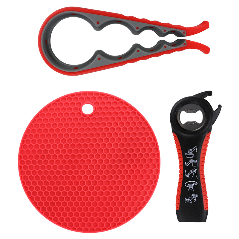 5-в-1 отворвач за бутилки, 4-в-1 отворвач за консерви, силиконова изолационна подложка, комплект от 3 части, преносим многофункционален дизайн