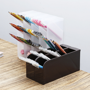 Suport pentru pixuri înclinat, transparent, organizator de birou (Material PP, Multifuncțional, pentru depozitare pe birou și în bucătărie, 1 nivel, stil japonez)