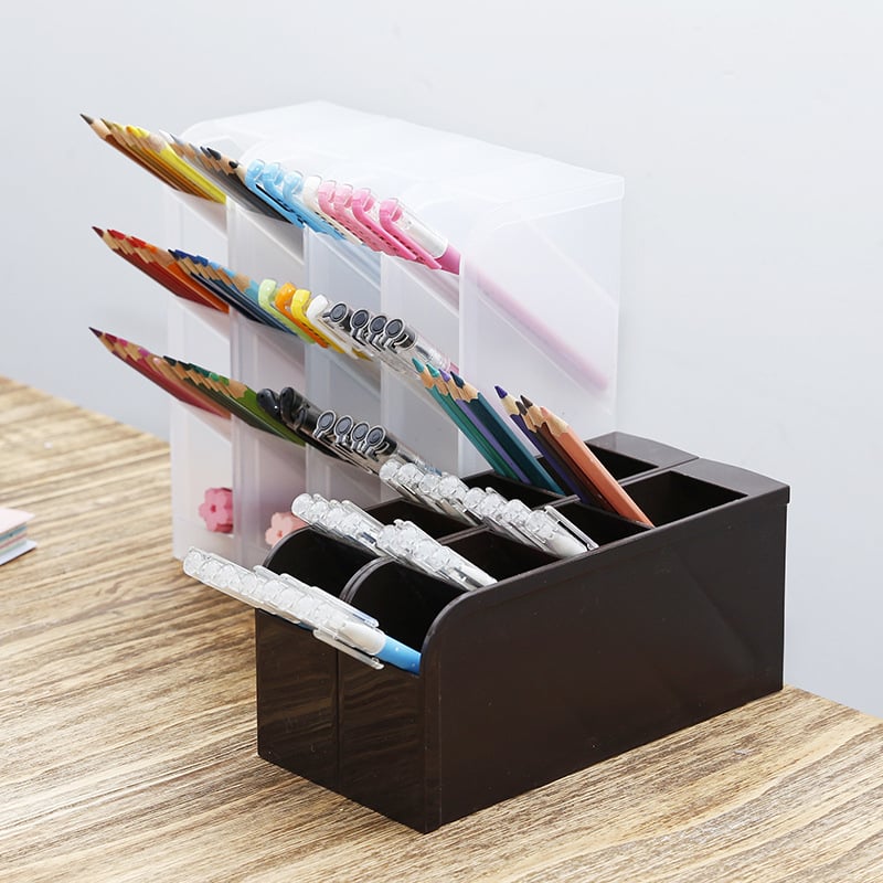 Suport pentru pixuri înclinat, transparent, organizator de birou (Material PP, Multifuncțional, pentru depozitare pe birou și în bucătărie, 1 nivel, stil japonez)