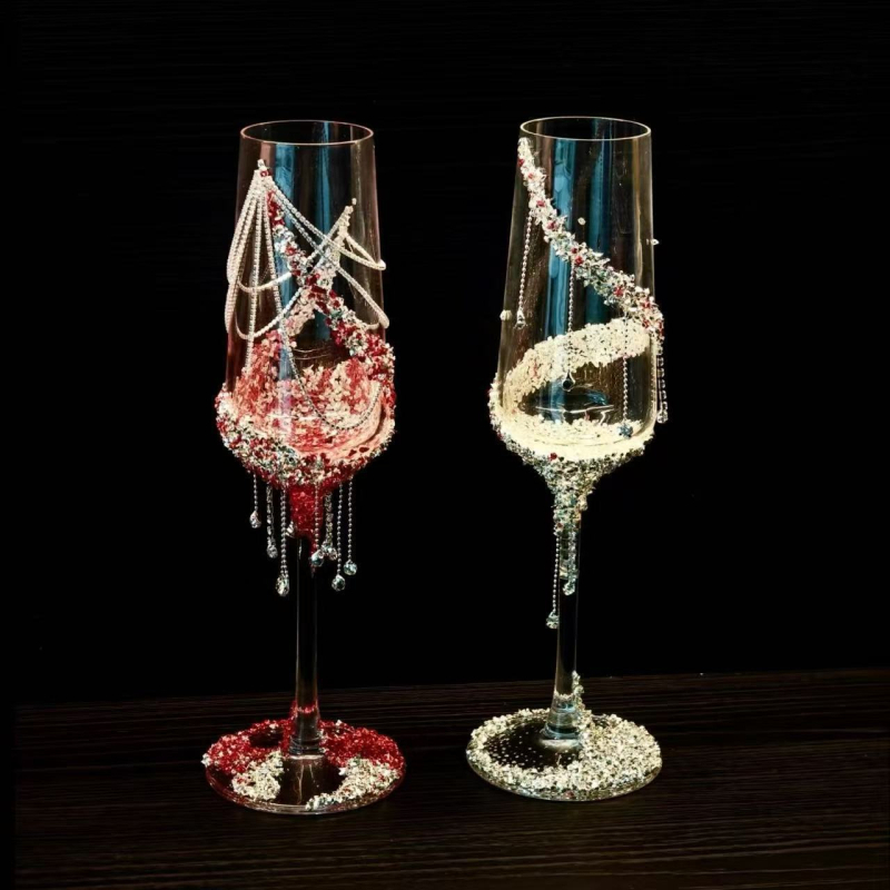 Pezsgőpohár örök virág és pillangó díszítéssel, egyszerű stílusú, üveg, kapacitás 1–100 ml