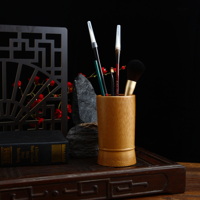 Кръгла кутия за писалки от бамбук – многофункционален ретро органайзер за бюро в китайски стил (Бамбук, кръгла форма, идеален за бизнес подаръци)
