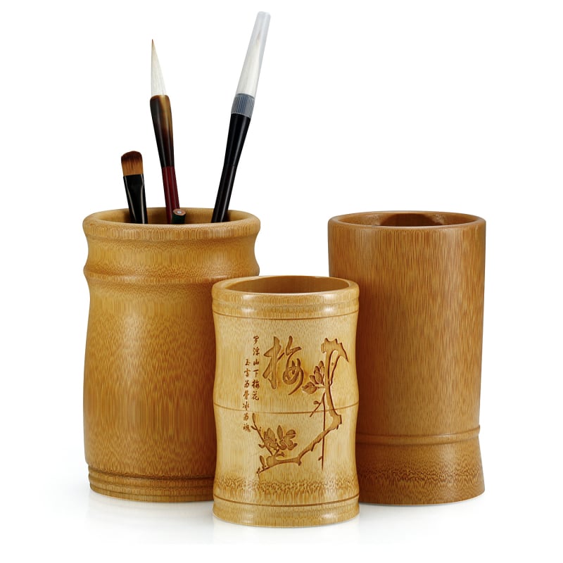 Кръгла кутия за писалки от бамбук – многофункционален ретро органайзер за бюро в китайски стил (Бамбук, кръгла форма, идеален за бизнес подаръци)