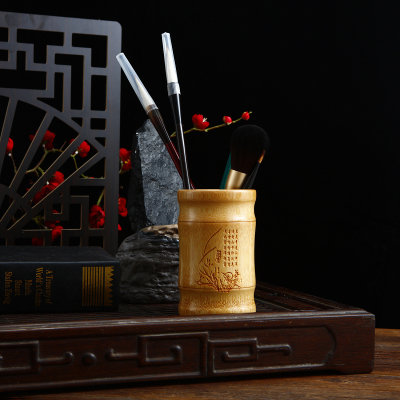 Кръгла кутия за писалки от бамбук – многофункционален ретро органайзер за бюро в китайски стил (Бамбук, кръгла форма, идеален за бизнес подаръци)