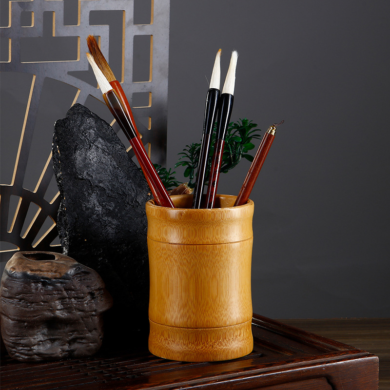 Кръгла кутия за писалки от бамбук – многофункционален ретро органайзер за бюро в китайски стил (Бамбук, кръгла форма, идеален за бизнес подаръци)