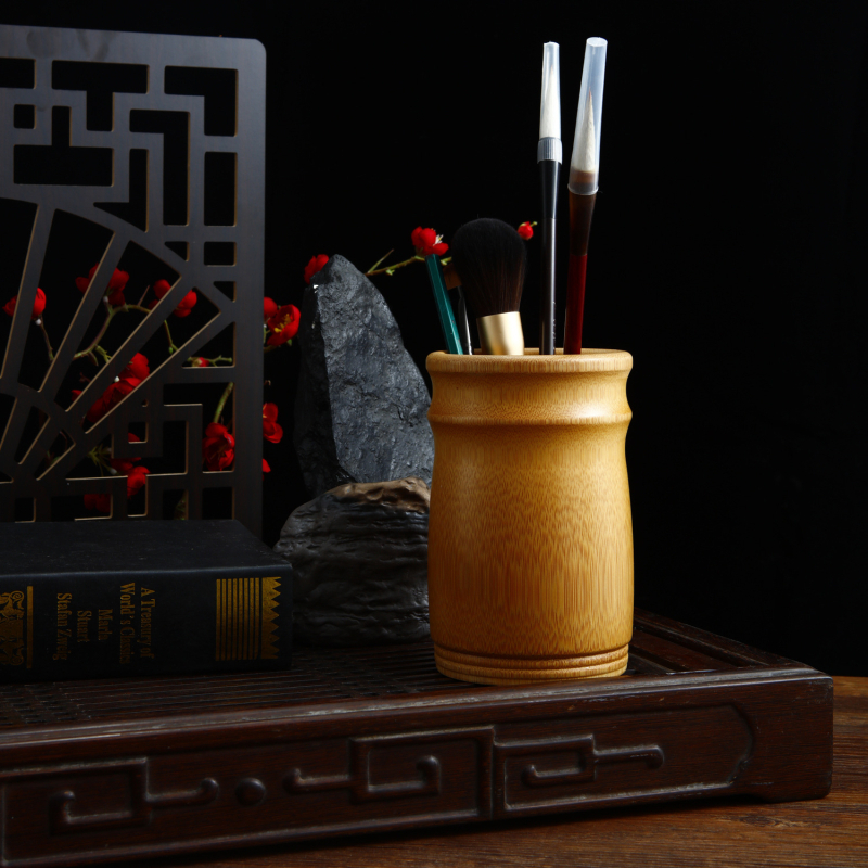 Кръгла кутия за писалки от бамбук – многофункционален ретро органайзер за бюро в китайски стил (Бамбук, кръгла форма, идеален за бизнес подаръци)