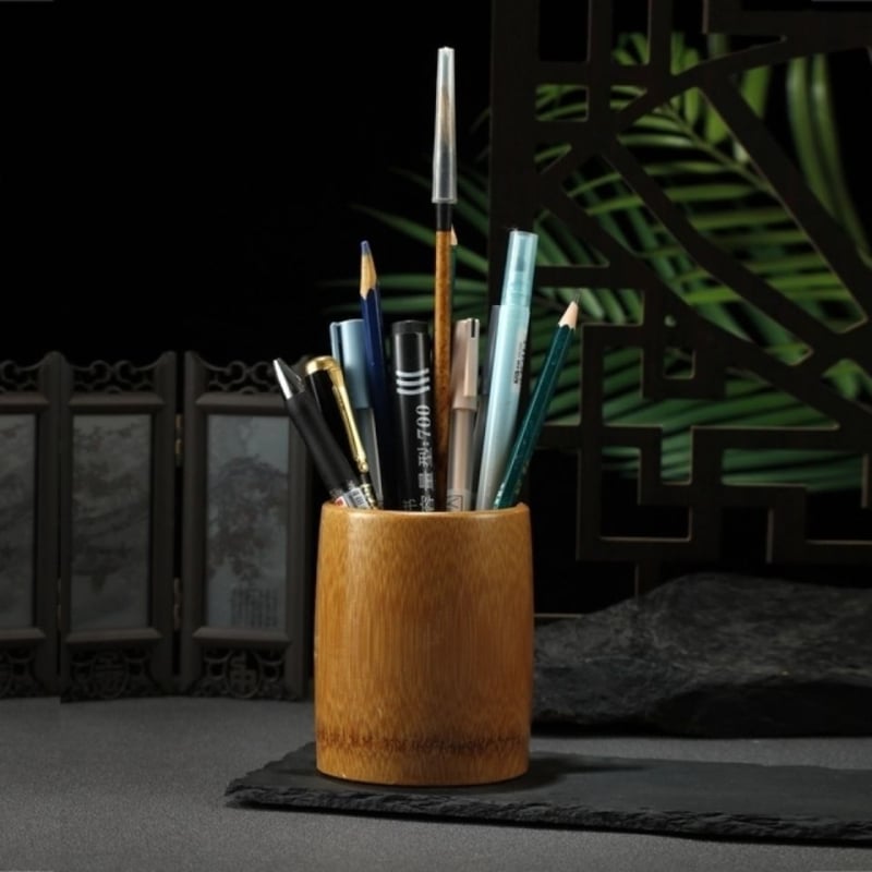 Кръгла кутия за писалки от бамбук – многофункционален ретро органайзер за бюро в китайски стил (Бамбук, кръгла форма, идеален за бизнес подаръци)