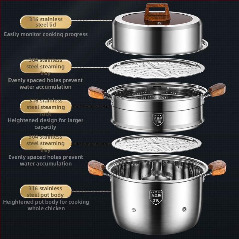 Parný hrniec z 316L nehrdzavejúcej ocele, veľký objem, viacvrstvový dizajn, dvojúrovňový, potravinárskej triedy