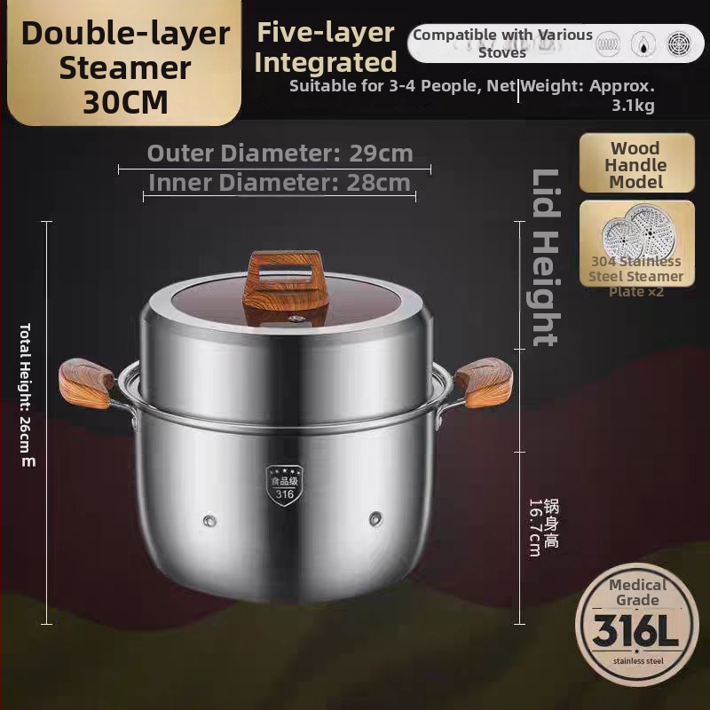 Parný hrniec z 316L nehrdzavejúcej ocele, veľký objem, viacvrstvový dizajn, dvojúrovňový, potravinárskej triedy