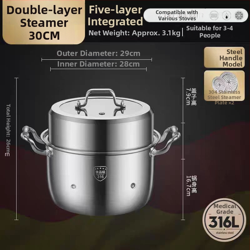 Parný hrniec z 316L nehrdzavejúcej ocele, veľký objem, viacvrstvový dizajn, dvojúrovňový, potravinárskej triedy