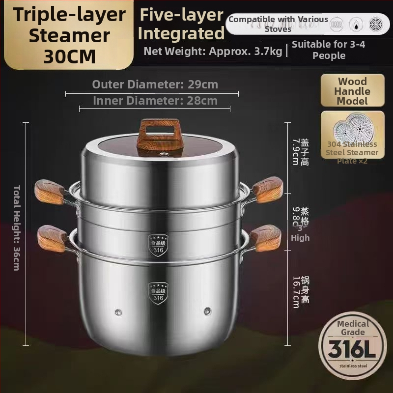 Parný hrniec z 316L nehrdzavejúcej ocele, veľký objem, viacvrstvový dizajn, dvojúrovňový, potravinárskej triedy