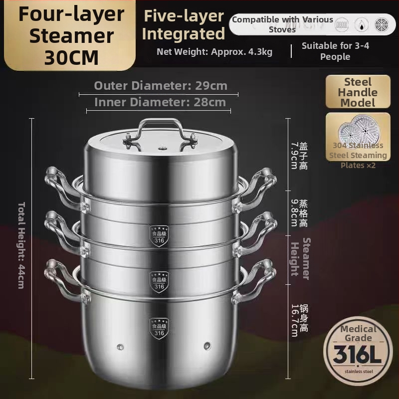 Parný hrniec z 316L nehrdzavejúcej ocele, veľký objem, viacvrstvový dizajn, dvojúrovňový, potravinárskej triedy
