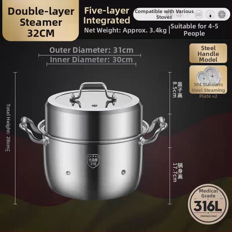 Parný hrniec z 316L nehrdzavejúcej ocele, veľký objem, viacvrstvový dizajn, dvojúrovňový, potravinárskej triedy