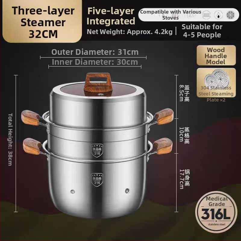 Parný hrniec z 316L nehrdzavejúcej ocele, veľký objem, viacvrstvový dizajn, dvojúrovňový, potravinárskej triedy