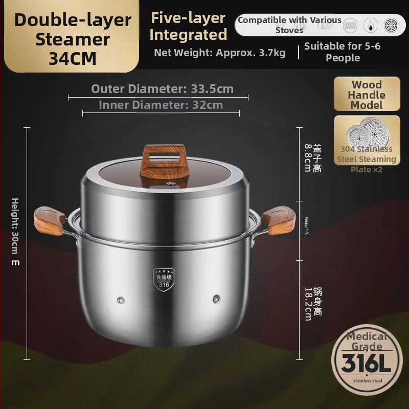 Parný hrniec z 316L nehrdzavejúcej ocele, veľký objem, viacvrstvový dizajn, dvojúrovňový, potravinárskej triedy