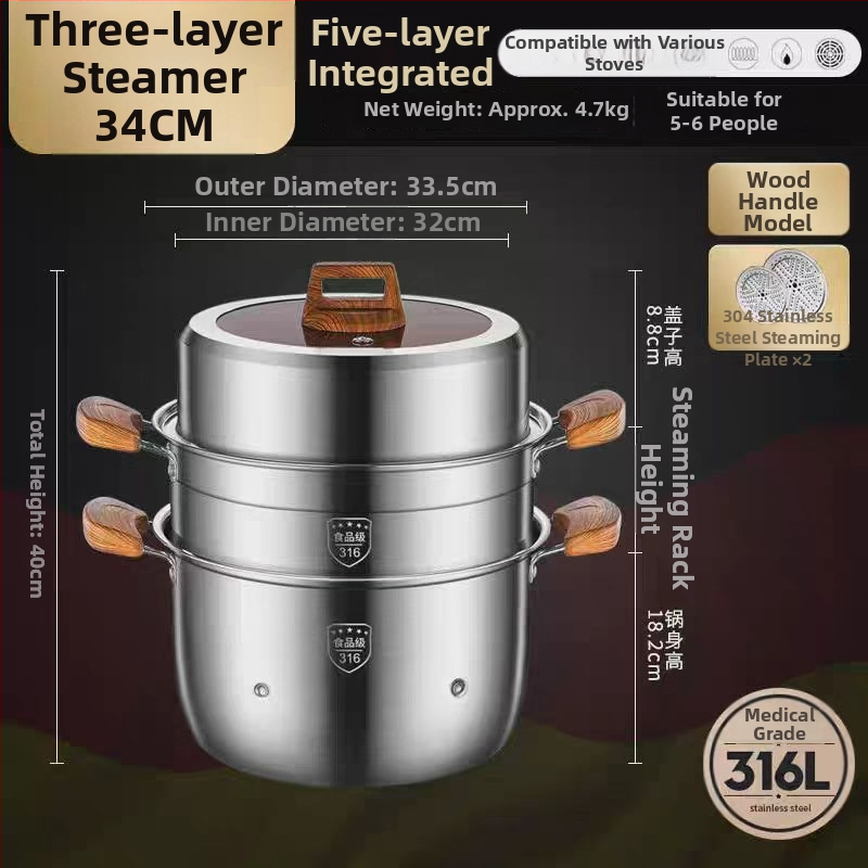 Parný hrniec z 316L nehrdzavejúcej ocele, veľký objem, viacvrstvový dizajn, dvojúrovňový, potravinárskej triedy