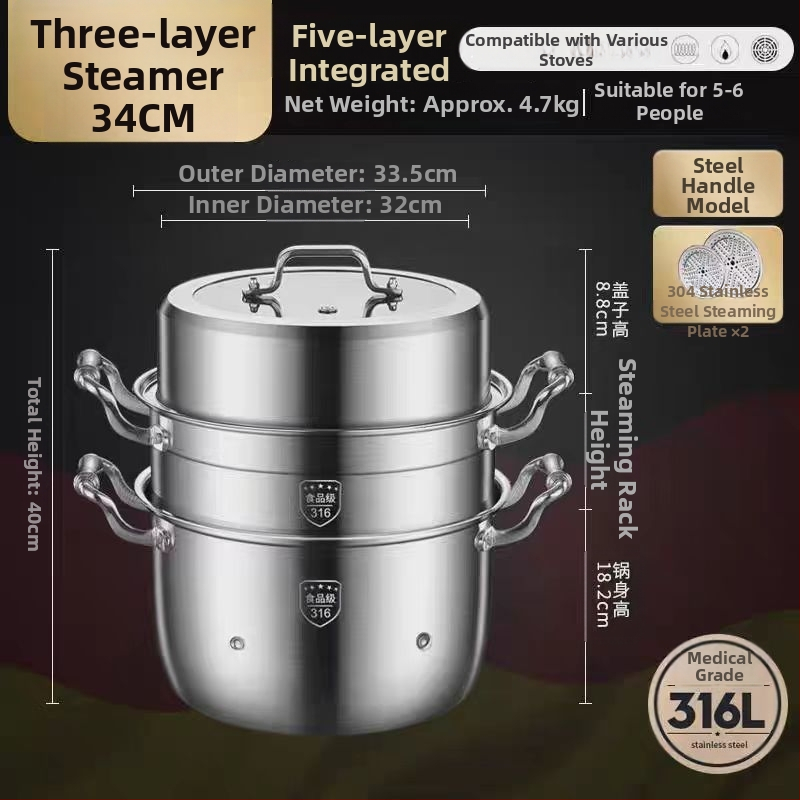 Parný hrniec z 316L nehrdzavejúcej ocele, veľký objem, viacvrstvový dizajn, dvojúrovňový, potravinárskej triedy