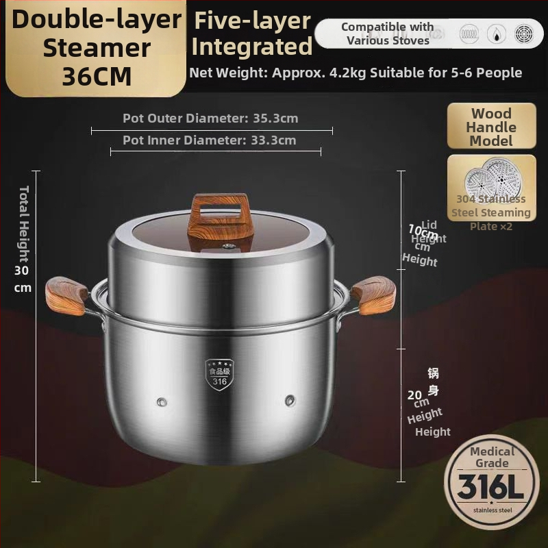 Parný hrniec z 316L nehrdzavejúcej ocele, veľký objem, viacvrstvový dizajn, dvojúrovňový, potravinárskej triedy