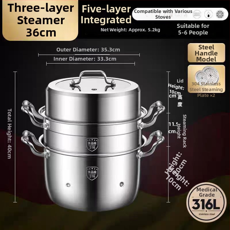 Parný hrniec z 316L nehrdzavejúcej ocele, veľký objem, viacvrstvový dizajn, dvojúrovňový, potravinárskej triedy