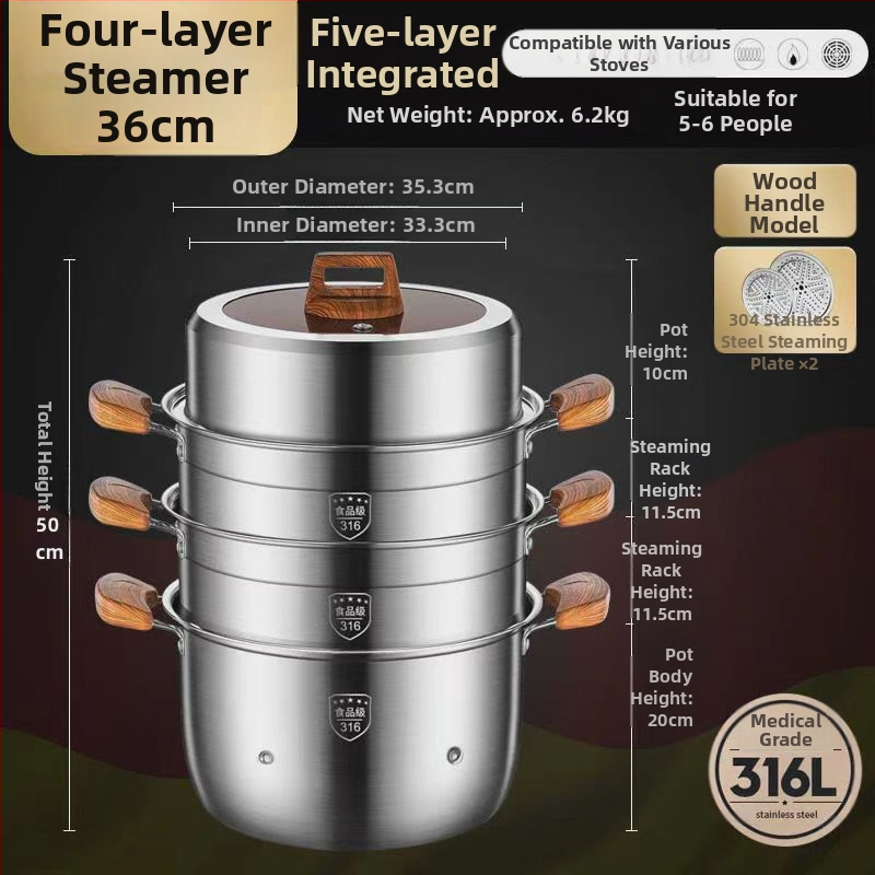 Parný hrniec z 316L nehrdzavejúcej ocele, veľký objem, viacvrstvový dizajn, dvojúrovňový, potravinárskej triedy