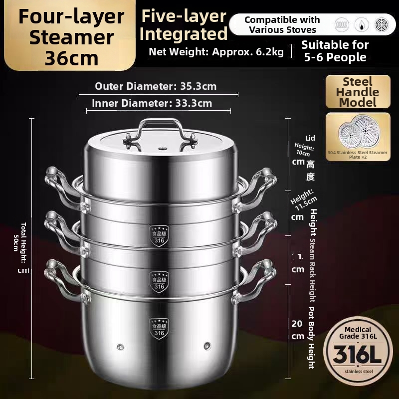 Parný hrniec z 316L nehrdzavejúcej ocele, veľký objem, viacvrstvový dizajn, dvojúrovňový, potravinárskej triedy