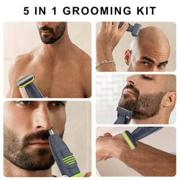 Pet-in-1 set za njegu kose — punjivi, kefom motor, oštrice od nehrđajućeg čelika, izmjenjiva i periva glava rezanja, ugrađena baterija 800–1000 mAh (radno vrijeme 1–3 h)