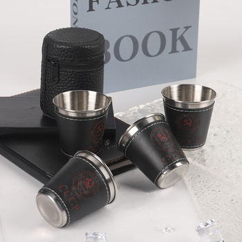 Set čašica od nehrđajućeg čelika s kožnim kućištem za čašu i logom, kapacitet 101–200 ml, stil lagan luksuz i retro