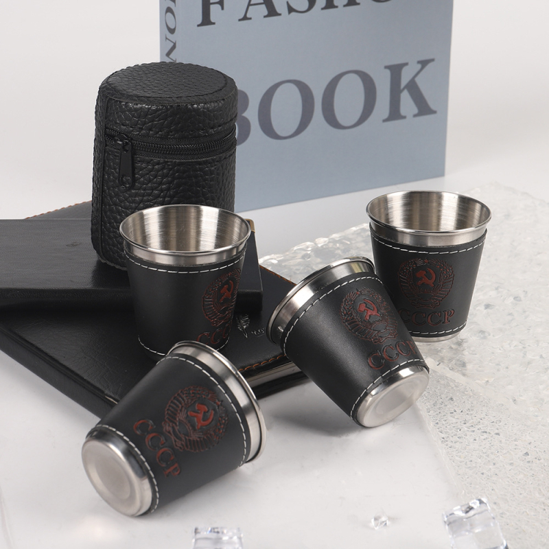 Set čašica od nehrđajućeg čelika s kožnim kućištem za čašu i logom, kapacitet 101–200 ml, stil lagan luksuz i retro