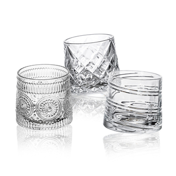 Staklena čaša za whisky, tumbler s dizajnom sunčevih cvjetova - dijamantni ciklon, kapacitet 201-300 ml, set od 3 komada, otisak logotipa, pakiranje u papirnatoj kutiji