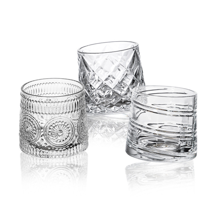Staklena čaša za whisky, tumbler s dizajnom sunčevih cvjetova - dijamantni ciklon, kapacitet 201-300 ml, set od 3 komada, otisak logotipa, pakiranje u papirnatoj kutiji