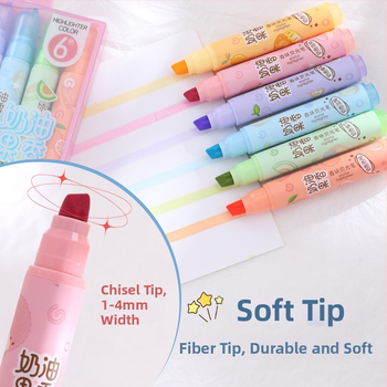 Highlighter cu aromă de cremă, corp din plastic, set de 6 bucăți, ambalaj PVC