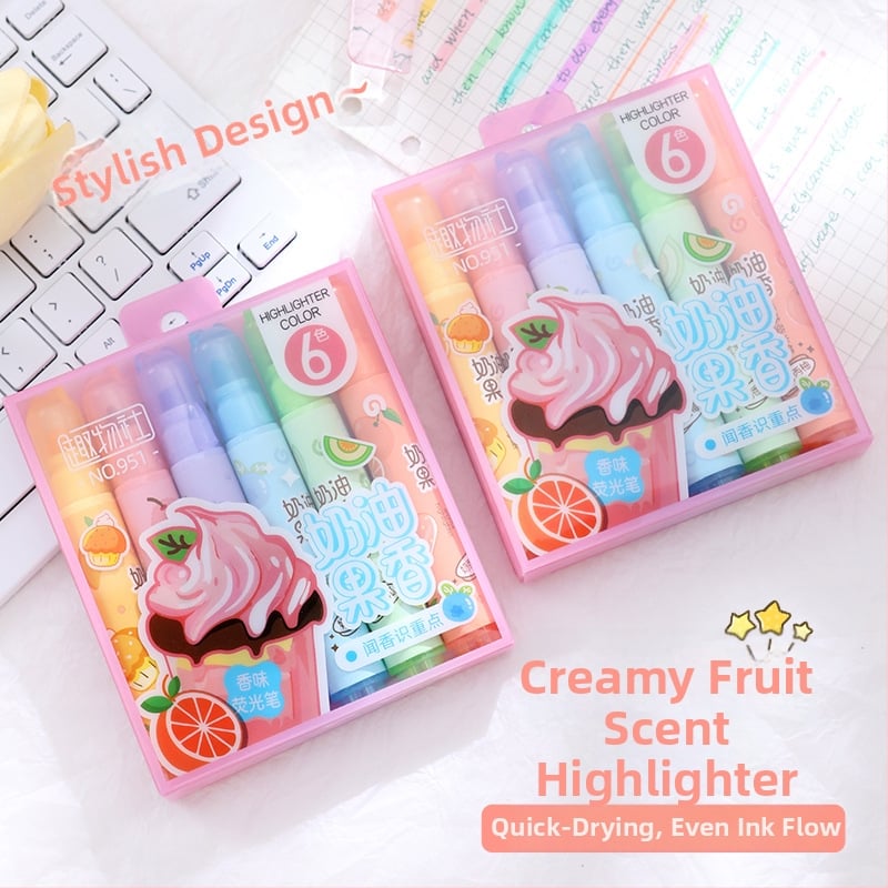 Highlighter cu aromă de cremă, corp din plastic, set de 6 bucăți, ambalaj PVC