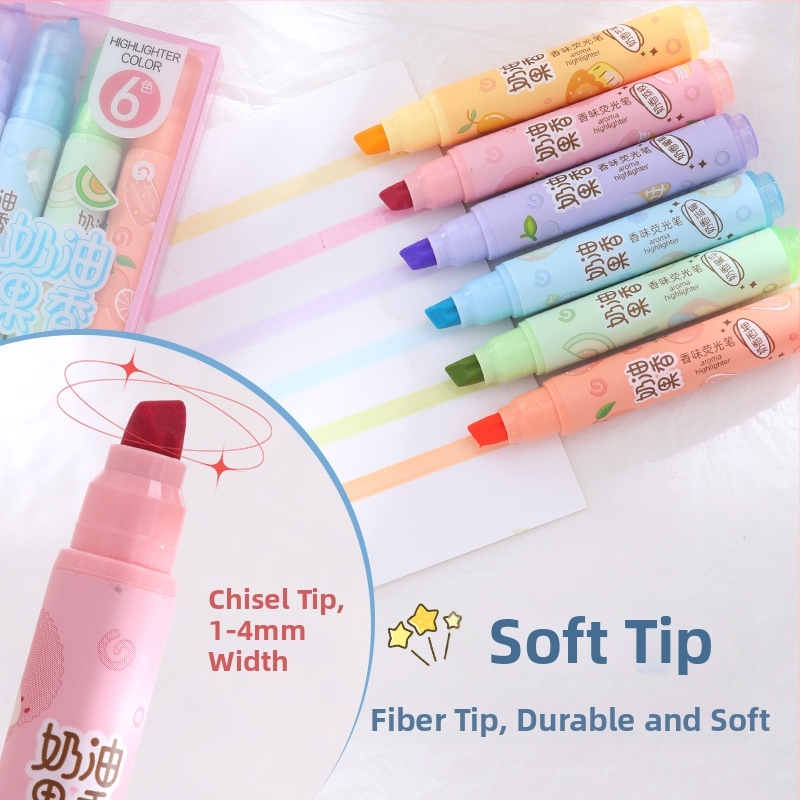 Highlighter cu aromă de cremă, corp din plastic, set de 6 bucăți, ambalaj PVC