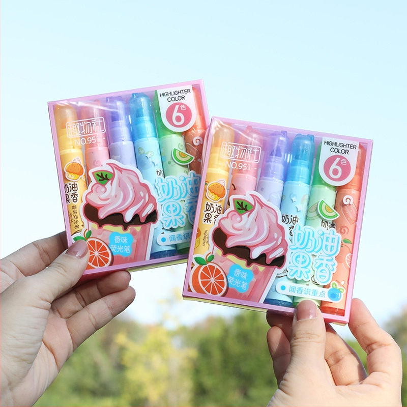 Highlighter cu aromă de cremă, corp din plastic, set de 6 bucăți, ambalaj PVC