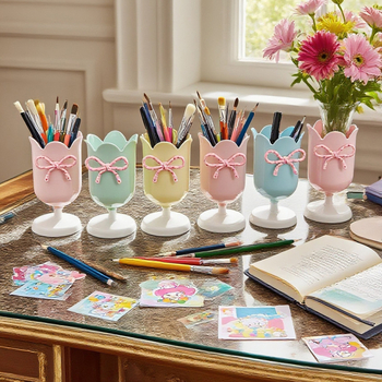 Настолен държач за писалки с форма на лале, кръгъл пластмасов държач, модел 201s, персонализирано лого