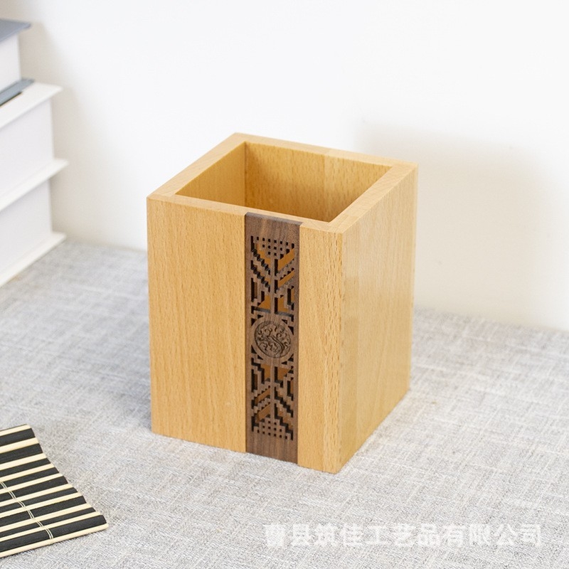 Suport pentru pixuri din lemn de nuc, pătrat, fără capac, stil modern minimalist; capacitate 10; imprimare logo disponibil
