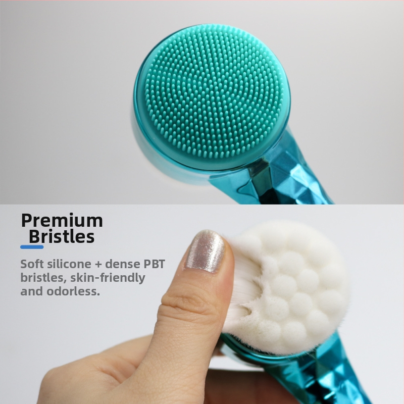 Tvár čistiaca kefka s elektroplatinovou rukoväťou a mäkkými silikónovými vláknami – dvojstranná stojaca kefka na čistenie pórov a odličovanie make-upu, nie je elektrická, bez vibrácií, vhodná pre všetky typy pleti