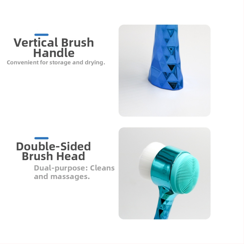 Tvár čistiaca kefka s elektroplatinovou rukoväťou a mäkkými silikónovými vláknami – dvojstranná stojaca kefka na čistenie pórov a odličovanie make-upu, nie je elektrická, bez vibrácií, vhodná pre všetky typy pleti