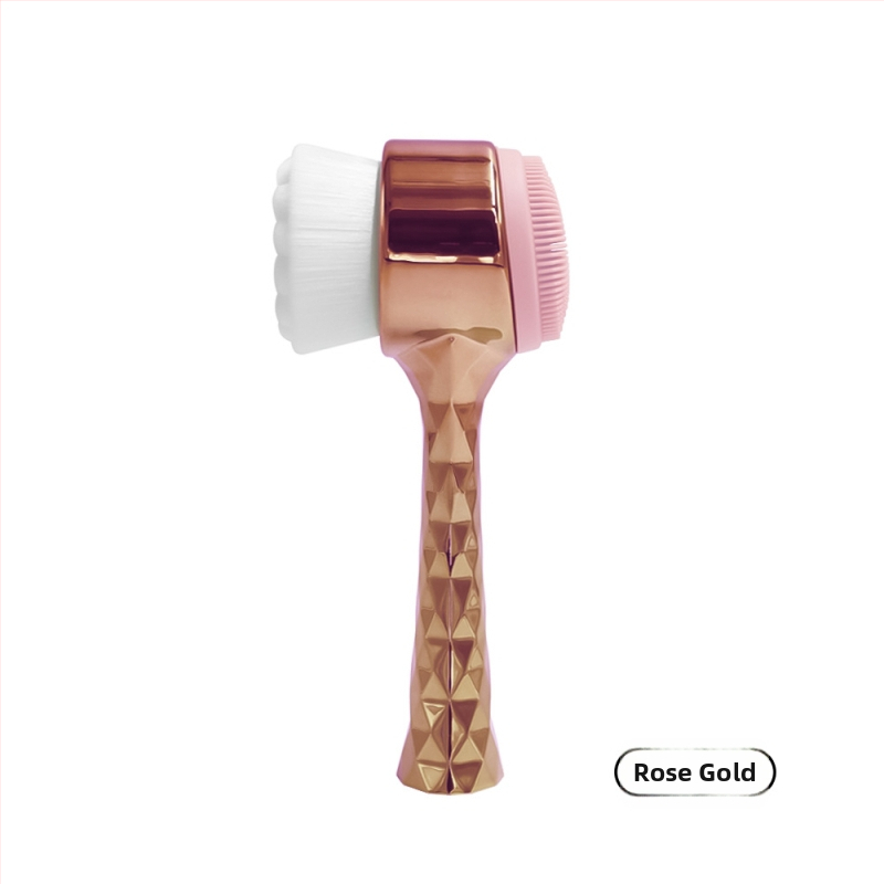 Tvár čistiaca kefka s elektroplatinovou rukoväťou a mäkkými silikónovými vláknami – dvojstranná stojaca kefka na čistenie pórov a odličovanie make-upu, nie je elektrická, bez vibrácií, vhodná pre všetky typy pleti