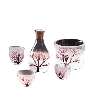 Staklena karafa za sake s kompletnim setom čašica, japanski stil, motiv cvjetova trešnje