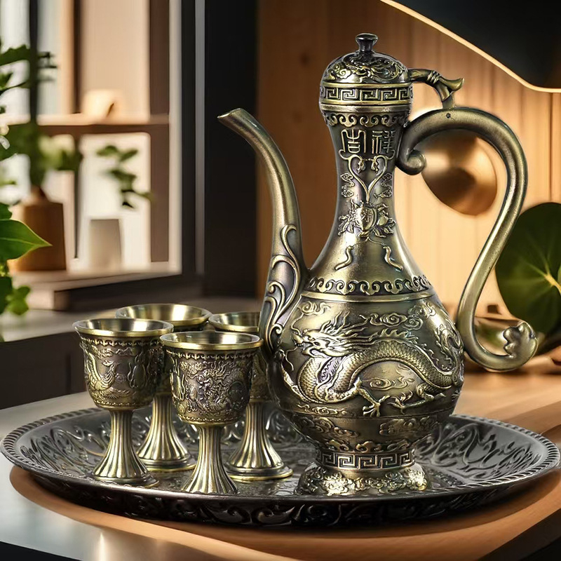 Retro luksuzni set za liker s motivom zmaja i feniksa, od aluminija – kućna upotreba, metalni dodaci za vino i dekor