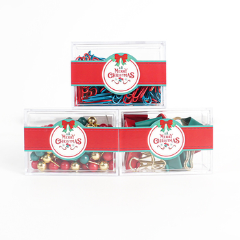 Karácsonyi irodai kellékkészlet: fém–műanyag konstrukció, nettó tömeg 100 g, egyedileg csomagolva nagy négyzetes dobozban, Beauty is learning