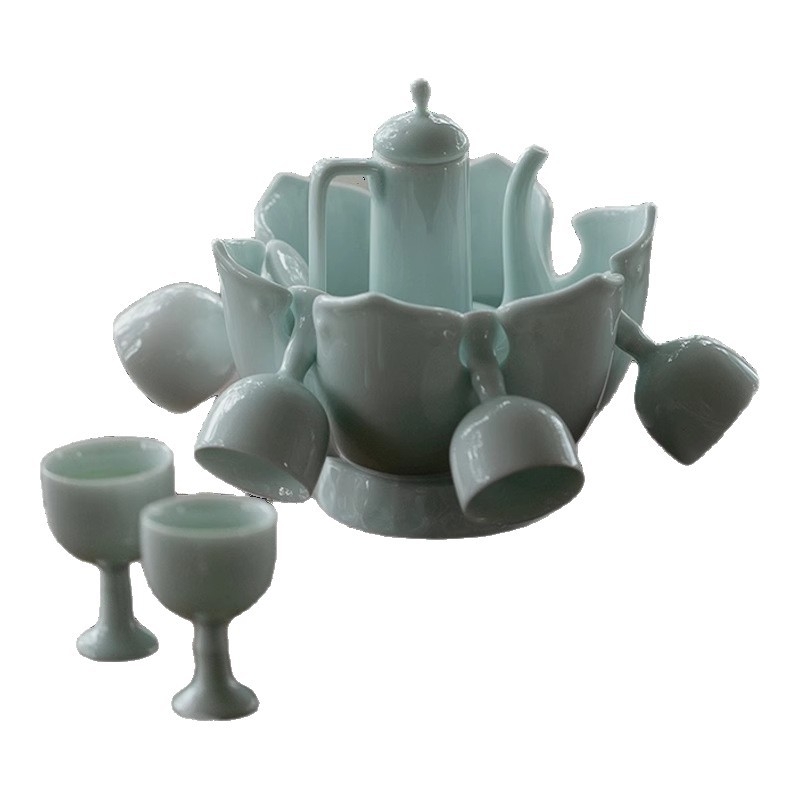 Keramikus melegítő készlet fehér- és sárga borhoz fazékkal, hat pohárral és víztartó kancsóval — Yin Chuantang, könnyed luxus retro stílus