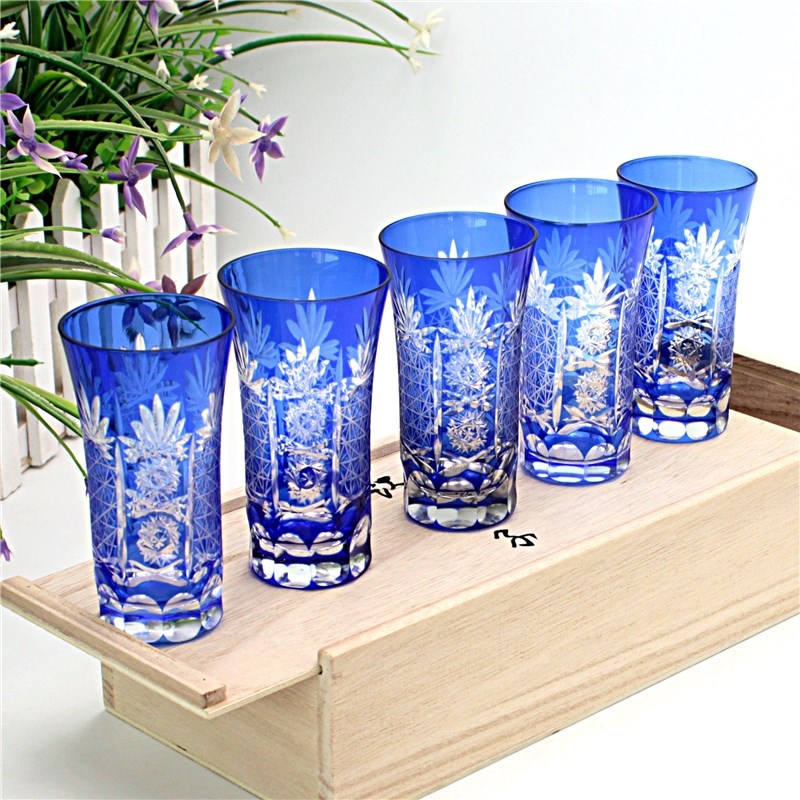 Japán stílusú boros pohár, üvegből, kézzel faragott Edo Kiriko minta, 5 darabos készlet