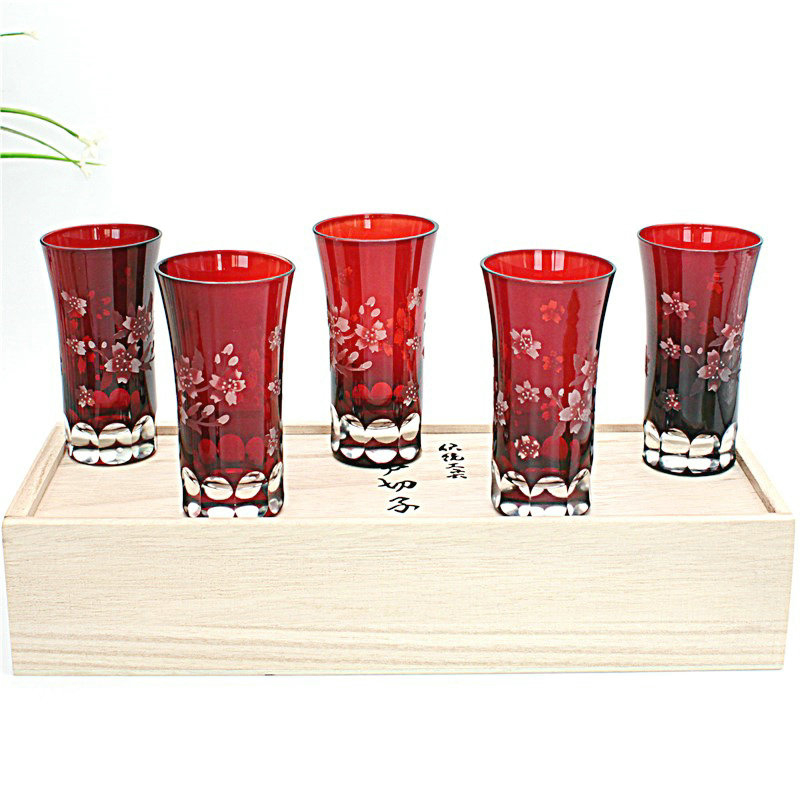 Japán stílusú boros pohár, üvegből, kézzel faragott Edo Kiriko minta, 5 darabos készlet