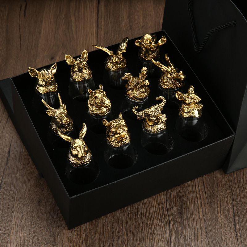 Cinkötvözetből készült boros pohár készlet, 12 darabos ajándékdoboza, National Tide Wind stílus, új kínai stílus, nyomtatott logóval