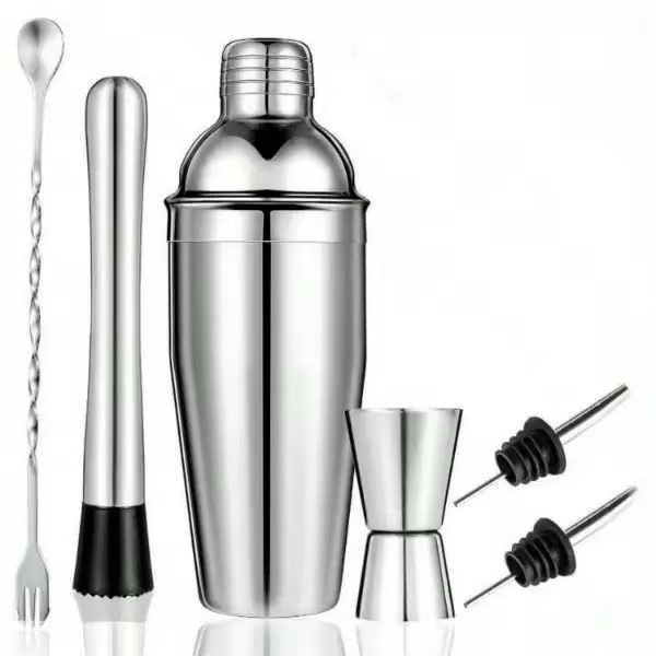 6 részes rozsdamentes acél bartender eszköz készlet – nordic stílusú bárfelszerelés shakerrel és koktél eszközökkel, logó nyomtatás elérhető